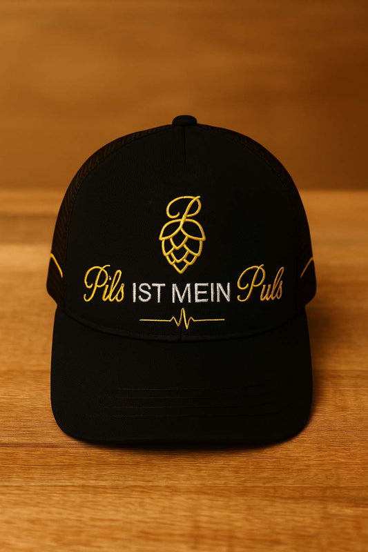 Pils ist mein Puls Cap – Schwarze Trucker Cap mit goldener Stickerei